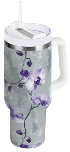 FRODOTGV Aesthetic - Vaso aislado al vacío de orquídea morada con tapa y popote, botella de agua corriente de 40 onzas, reutilizable, taza de café para mujeres y hombres