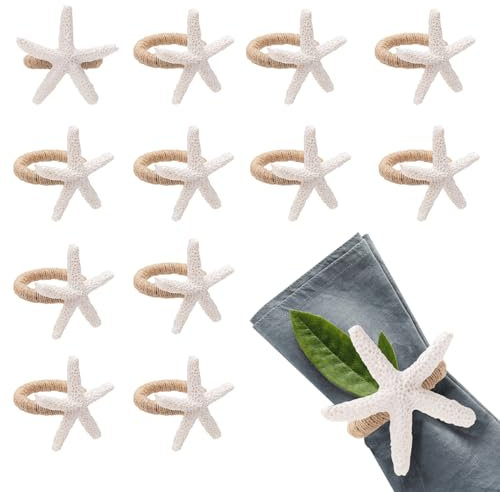 Tinoaly 12pcs Starfish Napkin Rings, White Sea Starfish Napkin Buckle Rustic Serviette Holder for Beach Coastal Wedding Crafts Banquet Holiday Decoration Accessories