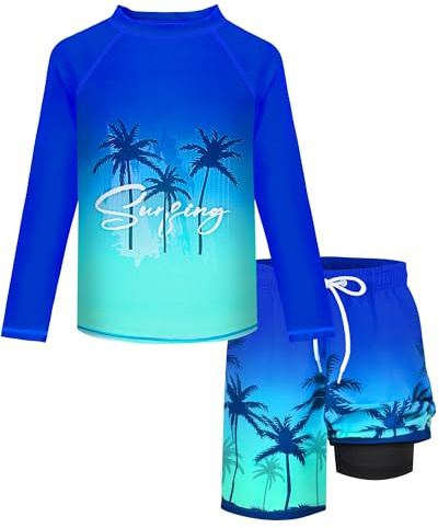 Boys Rash Guard Swim Set with Swim Trunks Bathing Suit Long Sleeve Swim Shirt Quick Dry Swimsuit Kids Coconut Tree Swimwear Size 8