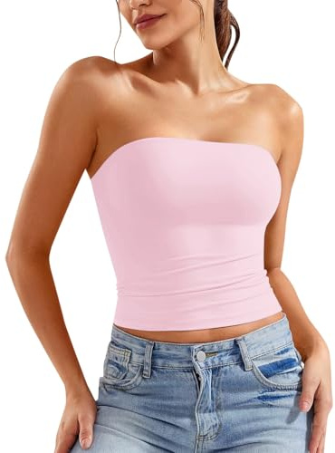 Top corto liso elástico sin tirantes estilo tubo para mujer – Top casual de verano básico de color sólido – Streetwear, 11-rosa, XS