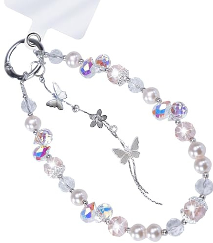 CCSmall Beaded Phone Wrist Strap Chain, Detachable Butterfly Crystal Bracelet Lanyard Phone Charms Hands-Free Wristlet for Women SHD Rose Gold