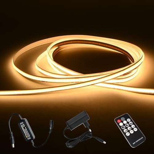 Zoelele Striscia LED da 5 m, luce bianca calda, 3000 K, 24 V, autoadesiva, impermeabile, IP44, con alimentatore di rete e telecomando RF per mobiletto, retroilluminazione TV, decorazione per la casa