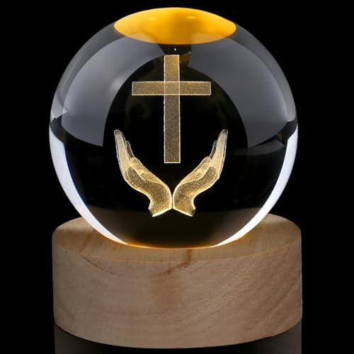 AWARDSEN Boule de cristal de 60 mm décorative chrétienne, boule de cristal de Jésus priant avec socle, boule de verre décorative de crucifixion, boule de verre décorative presse-papier, boule de verre
