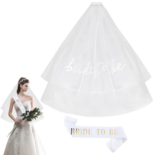 UZYXC Brautschleier mit Bride to Be Schriftzug und Schärpe, Weißer Schleier Braut mit Goldprägung - Set für Hochzeit & Junggesellenabschied, Perfekt für Fotoshooting und EVJF
