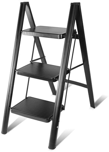 EOXCIIU 3 Step Ladder, Folding Step Stool with Wide Anti-Slip Pedals | 150kg Heavy Duty Iron Stepladder, Portable Space-Saving Design for Home Kitchen Office, Black