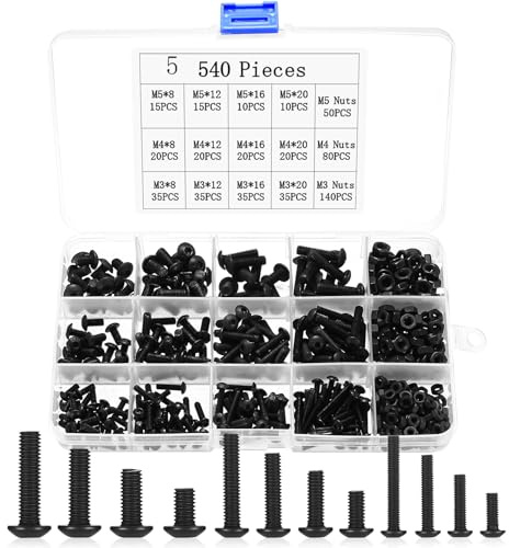 540 Pcs M3 M4 M5 Nuts and Bolts Assortment, Round Head Hex Socket Button Head Cap Screws Bolts and Nuts Set, Black Nut and Bolt Sets, Hex Machine Screws Assortment Kit for Repair DIY