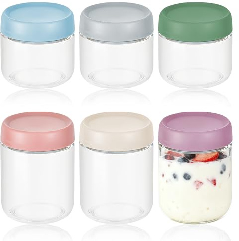 Euablfo 6 Piezas Tarros de Cristal con Tapa, Tarros de Avena Nocturna, 480 ml 350ml Overnight Oats Jar, Bote Cristal Hermetico para Yogur,Batido,Avena,Mermelada,Especias,Frescura, Almacenar