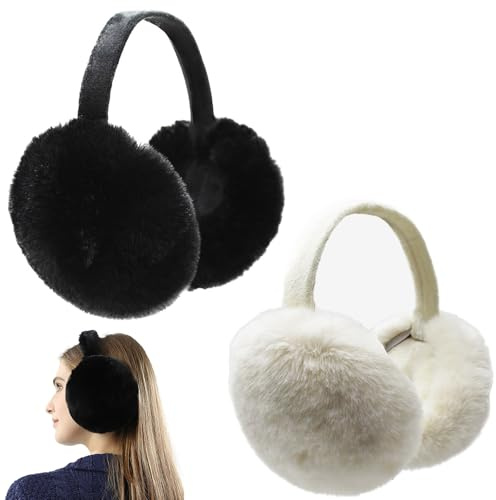 2 Pcs Winter Earmuffs, Foldable and Adjustable Windproof Soft Plush Ear Muffs, Outdoor Winter Accessory Unisex Fluffy Ear Protector Folding Warm Ear Covers for Women, Men, Girls, Boys (Black & White)