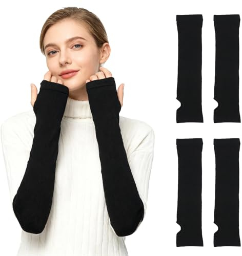 Spetsbst Armstulpen Damen 2 Paar, Thermo Arm Warmers Weiche Lange Fingerless Gloves Arm Stulpen Strickwolle, Armwärmer Stulpen Arme, Armstulpen Damen Winter, Schwarz Hellgrau