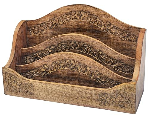 Purity Style Rustic Carved Wooden Letter Rack/Desk Tidy - Three Compartment Mango Solid Wood Free Standing Mail Holder for Home