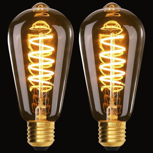 Terafeels 2 Stück E27 LED Warmweiss Glühbirne Dimmbar, ST64, 4W, Spiralfaden, 2700K Warmweiss, Bernsteinfarbenes Glas, LED Lampe E27 Leuchtmittel