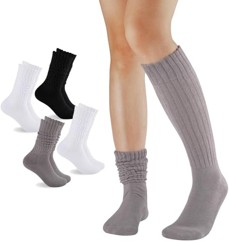 4 Paia Calzini Lunghi Donna Calze Lunghe Donna Caldo Cotone Calzini Alti Slouchy Scrunch Calzettoni Invernali per Stivali Mocassini Allenatori (2 Bianchi+1 Nero+1 Grigio)