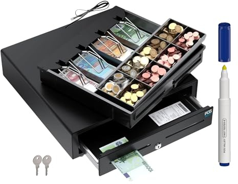 POS VALLEY Cassetto Porta Soldi per Registratore di Cassa 41x41 cm, Automatico/Manuale RJ11, Kit Professionale con Penna Verifica Banconote - Cassetto Cassa 4 Banconote e 8 Monete, Nero