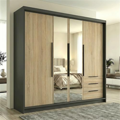A&J MöbelLand VIVO Kleiderschrank 4-türig mit Spiegel und Schubladen – 200 x 215 cm – Drehtürenschrank mit Kleiderstange und Einlegeböden