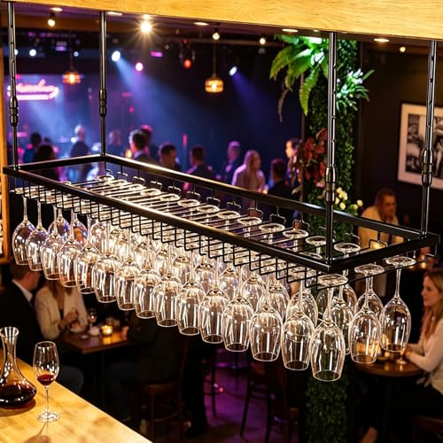 AUSKLEZU Soporte para Copas de Vino Colgante de Techo de Metal, Altura Ajustable Estilo Industrial – Colgador de Copas y Botellero para Bar, Café, Cocina y Club (Negro, 121cm)