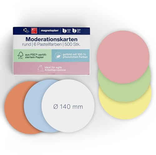 magnetoplan Moderationskarten, rund | D = 140 mm | 500 Stück | Kommunikationskarten in 6 Pastellfarben | Für Meetings und Präsentationen | FSC-zertifiziert | Kommunikationskarten | Ø 140 mm | Für Meetings und Präsentationen | FSC-zertifiziert