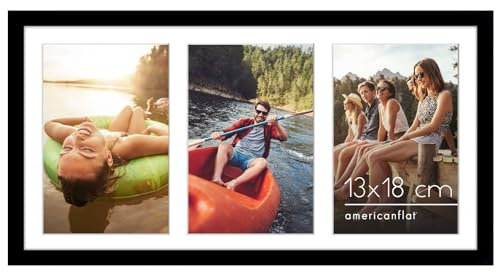 Americanflat 20x41 cm Bilderrahmen Collage - Zeigen Sie drei 13x18 cm Fotos an Ihrer Wand an - Bilderrahmen für Mehrere Bilder der Familie - Verbundholz mit Bruchsicherem Glas - Schwarz