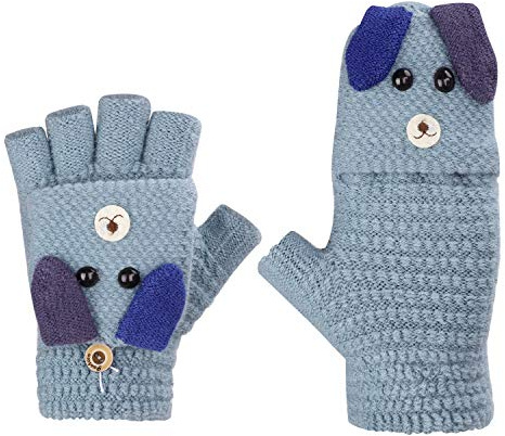 Fäustlinge mit Knopf Klappe Fingerlose Handschuhe für Kinder Winter Warm Strickhandschuhe Plüschfutter Winterhandschuhe in Kaninchen Optik, Blau, Einheitsgröße