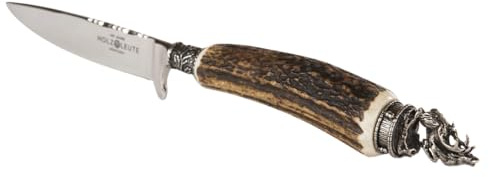 Holz-Leute Trachtenmesser, Jagdnicker, Hirschfänger für die Lederhose aus Hirschhorn mit Hirsch versilbert