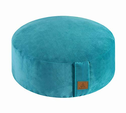 Round Velvet Meditation Pillow D=13/16 H=5.5,Yoga Bolster Floor Pouf Zafu Buckwheat Meditation Cushion for Sitting on Floor,Removable Organic Cotton Cover,Luxury Kneeling Pillow-Dark Cyan Blue 16”