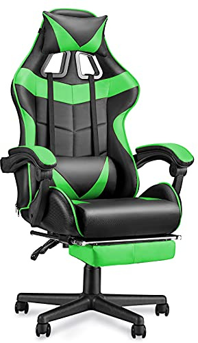 Soontrans Silla para videojuegos ergonómica, acolchada, con reposapiés, cojín lumbar, respaldo ajustable de 90 a 135°, soporta hasta 150 kg, para transmisión en directo, videojuegos, oficina, verde