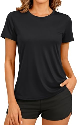 TACVASEN Women's Short Sleeve Performance T Shirts UPF 50+ Quick Dry Athletic Workout Tops for Running Gym Black, S