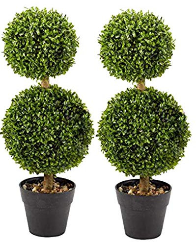 Garden Mile Topiary Tree Ball Boxwood Garden Ornaments Faux Plants Double Duo Bobble Plant Pots Fake Plants Artistic Round Ball Cut Artificial Plants Indoor Garden Bush Doorway Porch (Pack of 2)