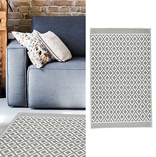 Cepewa Teppich Outdoor 90x150 cm │Kunststoff grau-weiß│ Bodenmatte für Außenbereich (1 x Teppich grau/weiß)