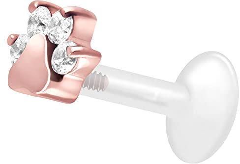 PIERCINGLINE PTFE Labret mit Gewinde TITAN AUFSATZ KRISTALLPFOTE| Piercing Lippe Nase Ohr Helix Roségoldfarben 1,2 x 6 mm