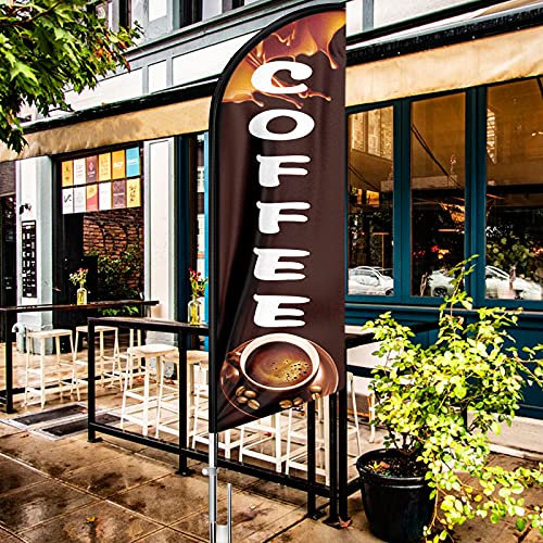 QSUM Windlose Swooper-Kaffee-Flagge mit Fahnenmast aus Aluminiumlegierung, Edelstahl-Erdspieß, tragbare Tasche für Geschäft, 3 m