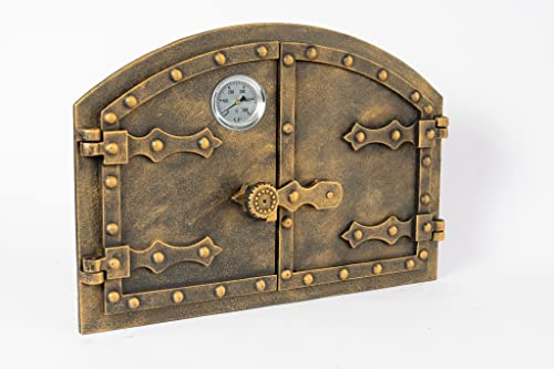 SEZAM Porte de four double en fonte avec thermomètre 500 °C, avec loquet de porte, aspect rivet, porte de four à pizza, four à pain, porte de four en pierre, 53,2 x 5,5 x 35,5 cm, peinture ancienne or