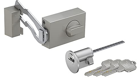 BASI | SET aus Türzusatzschloss mit Sperrbügel und Außenzylinder | Drehknauf | Zylinder mit Wendeschlüssel | massiver Riegel | Zusatzsicherung für Haus- und Wohnungstüren | Dornmaß 70 mm | Eckig