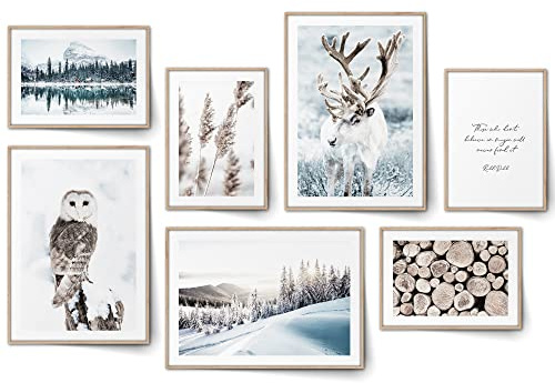 BLCKART Magic Winter Poster Set Beige Blau Schlafzimmer Deko Schnee Bilder Rentier Wanddeko Eule Wohnzimmer Modern