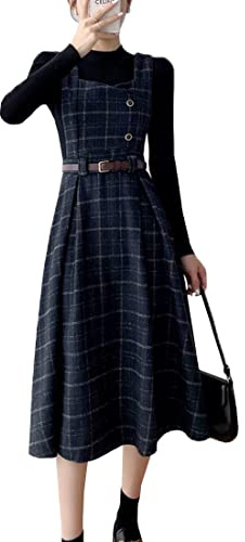 Himifashion Vestido vintage para mujer, vestido a cuadros japonés, para otoño e invierno, con correa de lana, vestido midi, azul marino, S