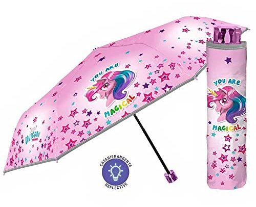 PERLETTI Regenschirm für Mädchen, faltbar, 50/8, manuell, 3 Abschnitte, Einhorn, Polyestergewebe, Gestell und Stangen aus Fiberglas, winddicht, Cool Kids, Farbig, único, Lässig