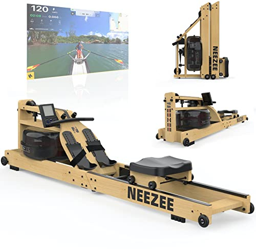 Neezee Máquina de Remo para Casa, Máquina Remo Plegable de Agua de Madera Maciza Duradera con Pantalla LCD y Reposapiés Ajustable，Fácil de Mover para Entrenamiento en Casa, Kinomap App