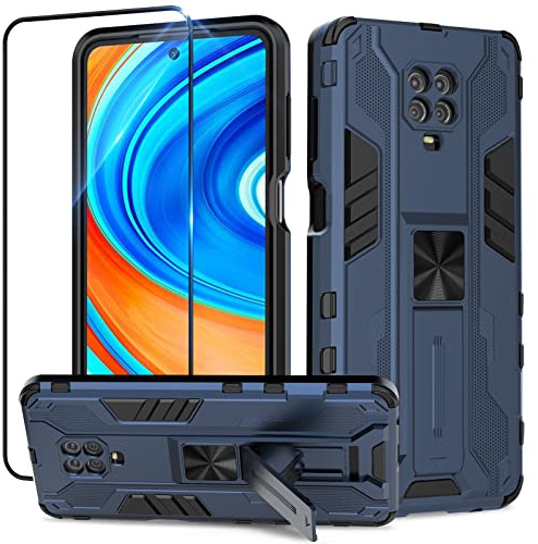 Btstring Funda para Xiaomi Redmi Note 9 Pro/Redmi Note 9S con Cristal Templado Protector Pantalla, Carcasa Protectora Antigolpes con Soporte Reforzado - Azul