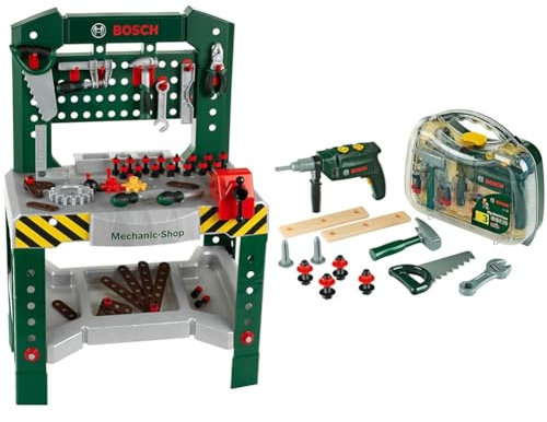 Theo Klein 8574 Bosch Werkbank 77-teilig | Inkl. Werkzeuge und Zubehör | Arbeitsplatte mit Lernfunktion & 8416 Bosch Werkzeugkoffer, groß | 16-teiliges Werkzeug-Set
