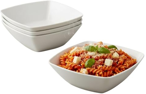 Buzztrove 4 Pack Plastic Bowls 16x16cm White – Reusable Square Serving Bowls – Durable Plastic Pasta, Fruit & Salad Bowls – Lightweight White Party Bowls.