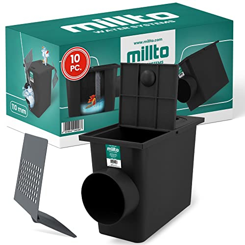 Millto 10x Regensinkkasten mit Sieb 110mm Regenwasserablauf Dachrinnenablauf Hofablauf Entwässerung Abflusstrichter Gully Siphon Gechteckiger Kontrollschacht Rückstauverschluß Geruchsklappe
