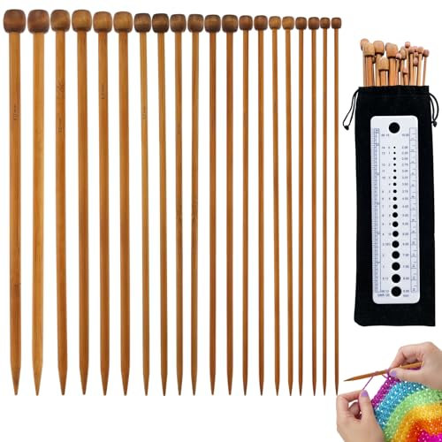 VZXQX Bambus Stricknadeln Set, 20 Stück Einspitzige Nadeln 2.5mm bis 8mm mit Strickset, Holz Stricknadeln für Socken Schals, Anfänger und Profis, 10 Größen/Länge 25 cm