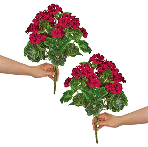 QIANYUN 2 piezas de geranio artificial grande, flores moradas de plástico sintético para el hogar, boda, cocina, jardín, centros de mesa, decoración interior y exterior (flor de geranio roja)