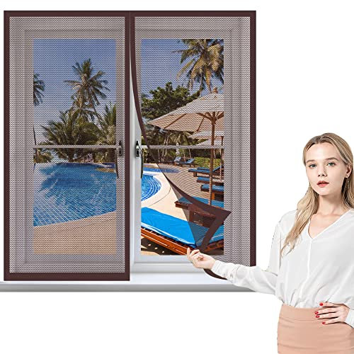 Magnet Fliegengitter Fenster 200 x 120 cm, Insektenschutz Klettband Fliegengitter Fenster mit Klettband, vollmagnetisch, schließt automatisch für Windows/Wohnzimmer Fenstern, Braun