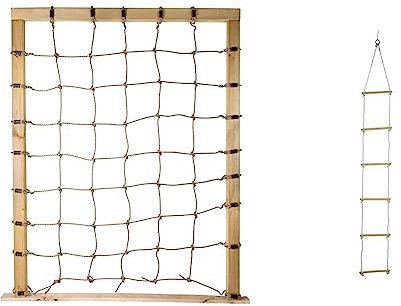 Small Foot Kletternetz mit Achterhaken, zur Befestigung an dreiseitigen Holzrahmen & Strickleiter mit sechs Holzsprossen, 2 m, Kletterspielzeug für drinnen und draußen, bis ca. 75 kg, 1048