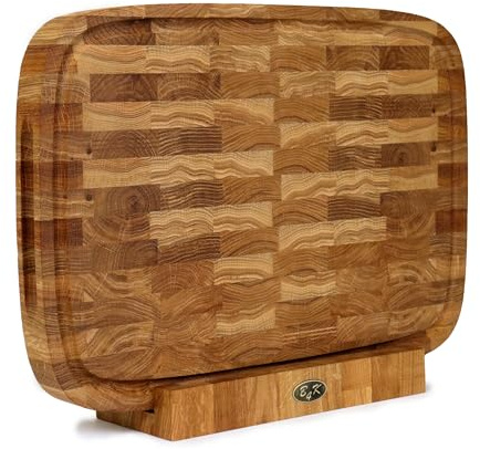 B4K® ovales Schneidebrett mit Ständer aus Eiche Stirnholz 50 × 35 × 4 cm – Massiver Hackblock | Antibakterielles Hirnholzbrett mit Griffen, Saftrille & Silikonfüßen | Perfekt für Küche, Fleisch & BBQ