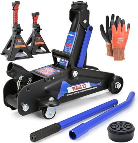 Hydraulischer Wagenheber 2T, 130-330 mm + Gummiuaflage + Handschuhe Rangierwagenheber Heber Geländewagen, SUV, Jeep Wohnmobil Auto Heber Profi (Wagenheber 2T SN3062 + 2X Bock + Sicherung + Gummi)