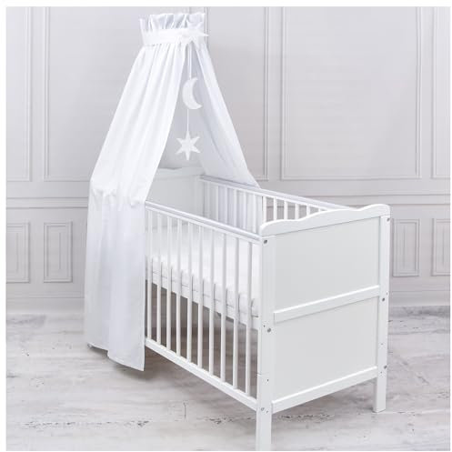 Generisch Baby Delux Babybett Himmel Betthimmel Baumwolle Baldachin für Babybett Kinderbett Wiege Stubenwagen Himmelstange Sterne Mond Applikationen Deko (Weiß, mit Himmelstange)