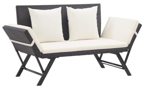Makastle Gartenbank Beidseitig Verstellbar Tagesbett Sonnenliege Gartensofa mit Auflagen & klappbaren Armlehne, Balkonbank aus Poly Rattan, Sitzbank für Garten & Balkon, (130-176) x 70 x 80 cm