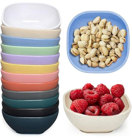SHECIPIN 12 Pack Mini Square Dinnerware Bowls for Kids 4.5 OZ Unbreakable Wheat Straw Dipping Bowls, Nuts, Candy, or Dips(Multicolor)