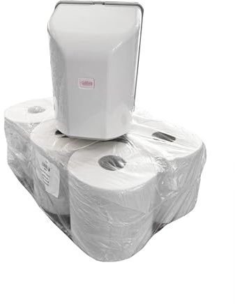 Lorito Papierrollenspender inkl. 6 Rollen Papierhandtücher 2-lagig | Papierhandtuchspender zur Wandmontage aus robustem Kunststoff, einfache Papierentnahme, für öffentliche Gebäude